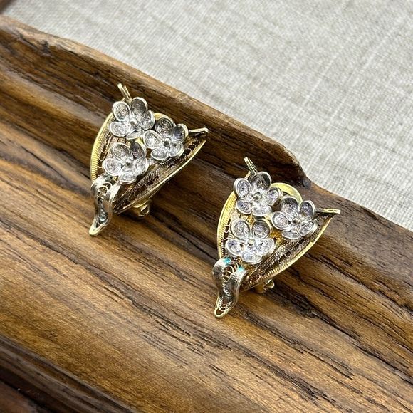 Vintage Vermeil Filigree Flowers Clip On Earrings Silver Gold Cannetille 7/8" L - Picture 2 of 15